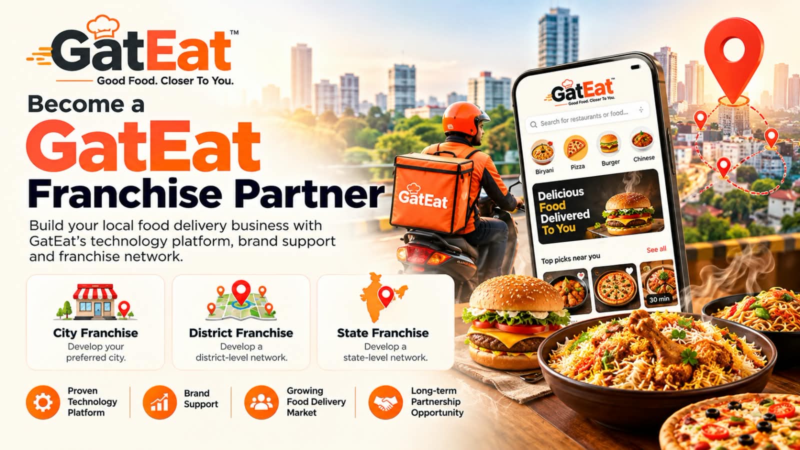 Become a GatEat Franchise Partner. Build your local food delivery business with GatEat’s technology platform, brand support and franchise network. City, District and State franchise opportunities with proven technology, brand support and long-term partnership. 